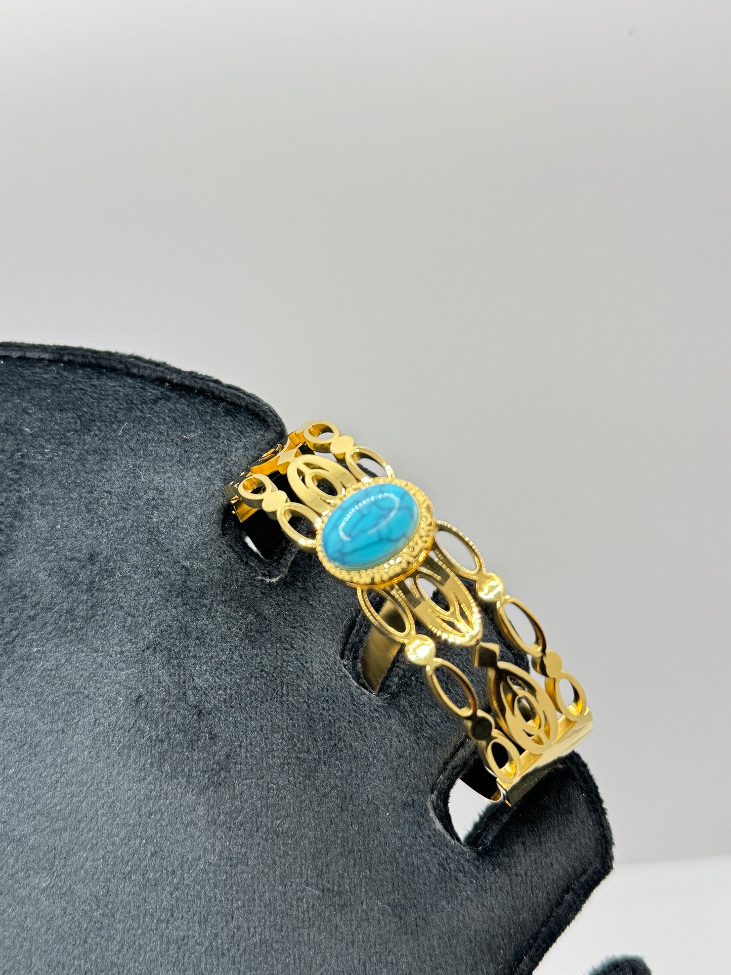 Gold Cuff with Turquoise Cabochon and Filigree