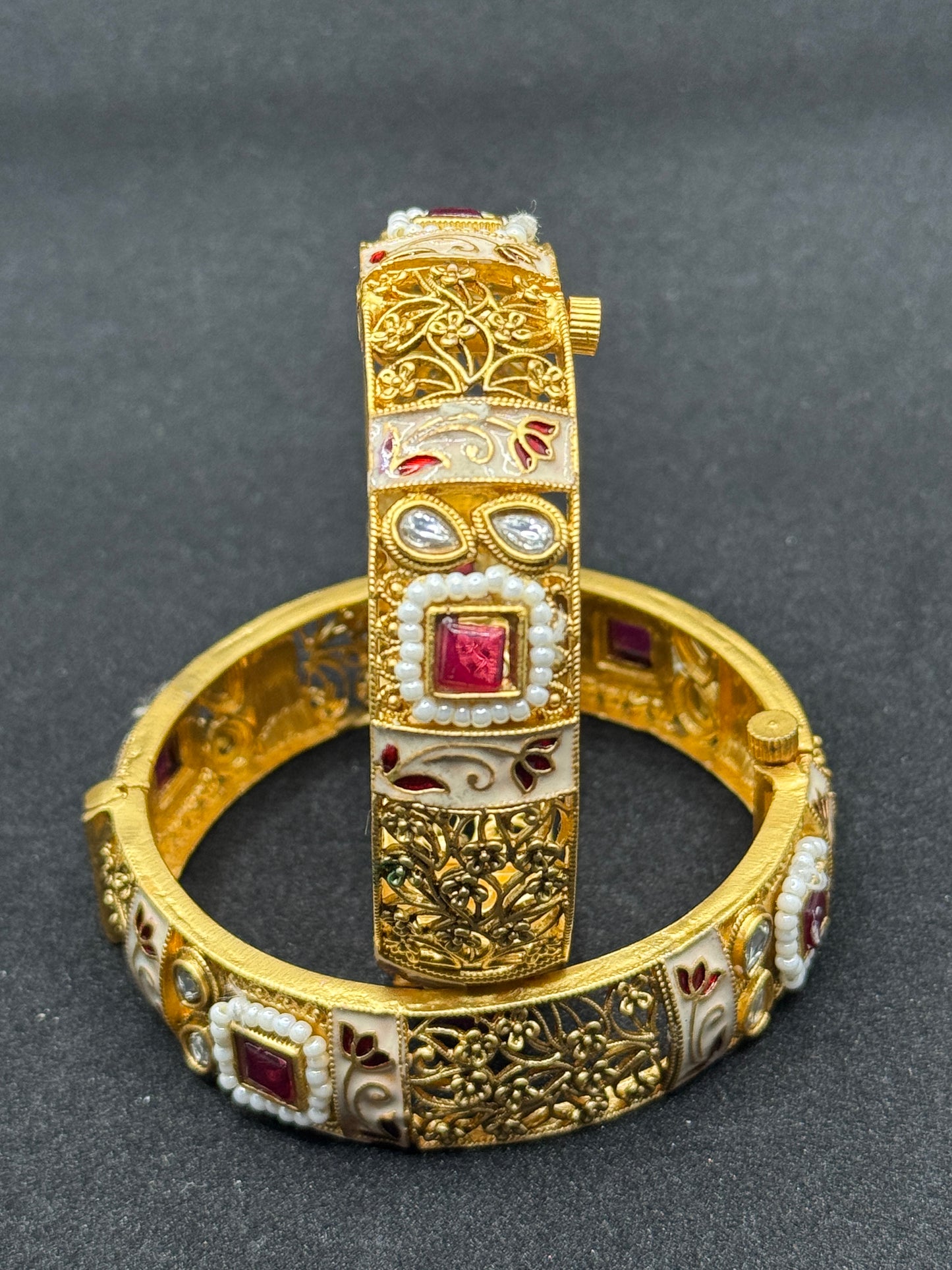 White Meenakari and Polki Gold Plated Bangles 2*6