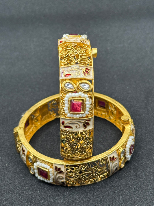 White Meenakari and Polki Gold Plated Bangles 2*8