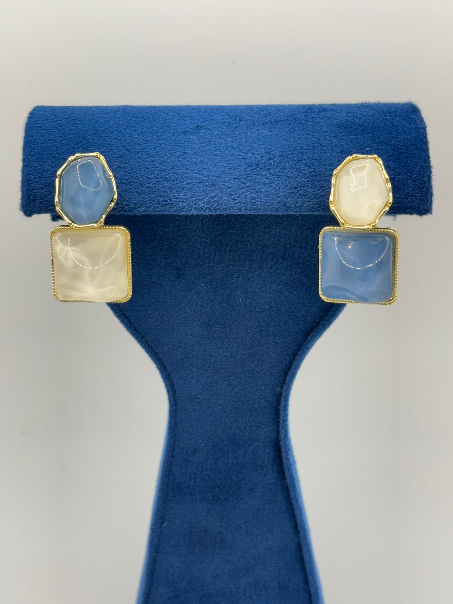 Gold-Toned Dual Stone Drop Earrings - Blue & Ivory