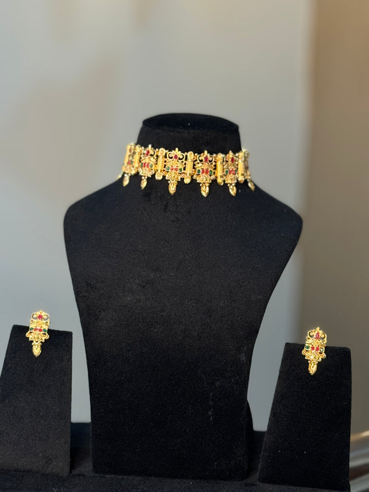 Vibrant Gold-Plated Choker Necklace with Ruby & Emerald Stones