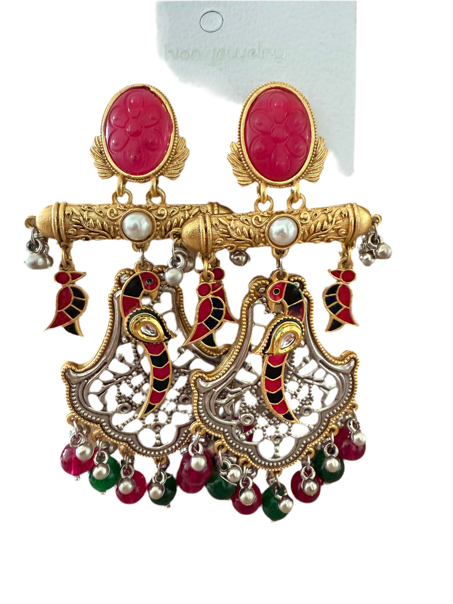 Mode Mania Traditional Maroon & Green Color Enameled Kundan and Pearl Studded Jhumka Earrings
