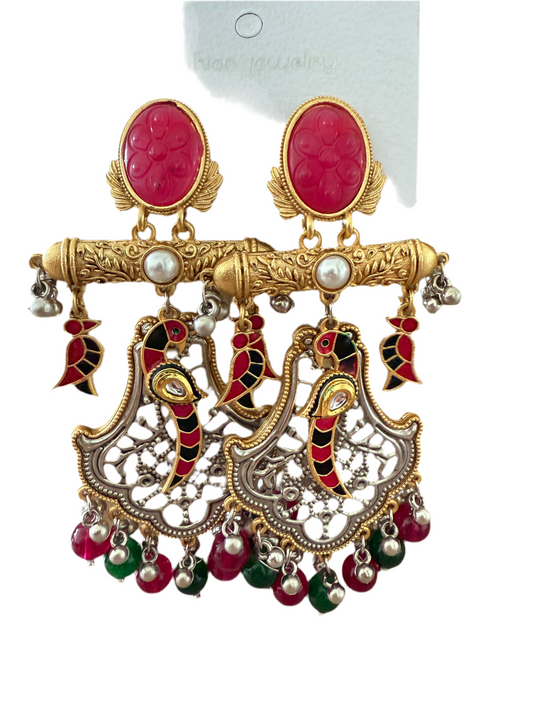 Mode Mania Traditional Maroon & Green Color Enameled Kundan and Pearl Studded Jhumka Earrings