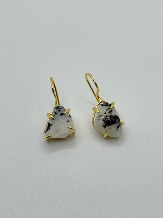 Gold Hook Earrings with Raw Speckled Quartz Stone