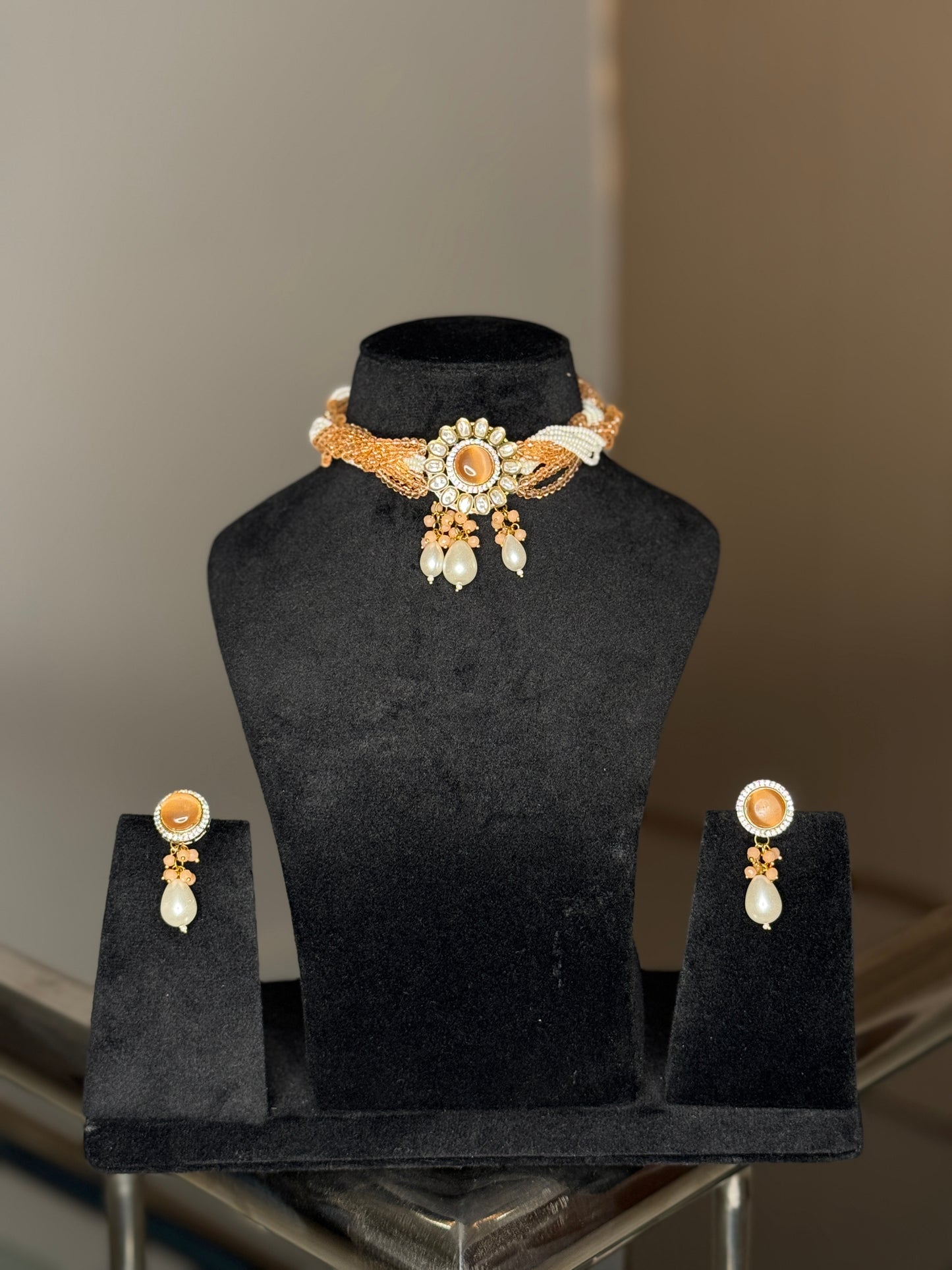 Elegant Pearl & Gold-Tone Choker Necklace Set