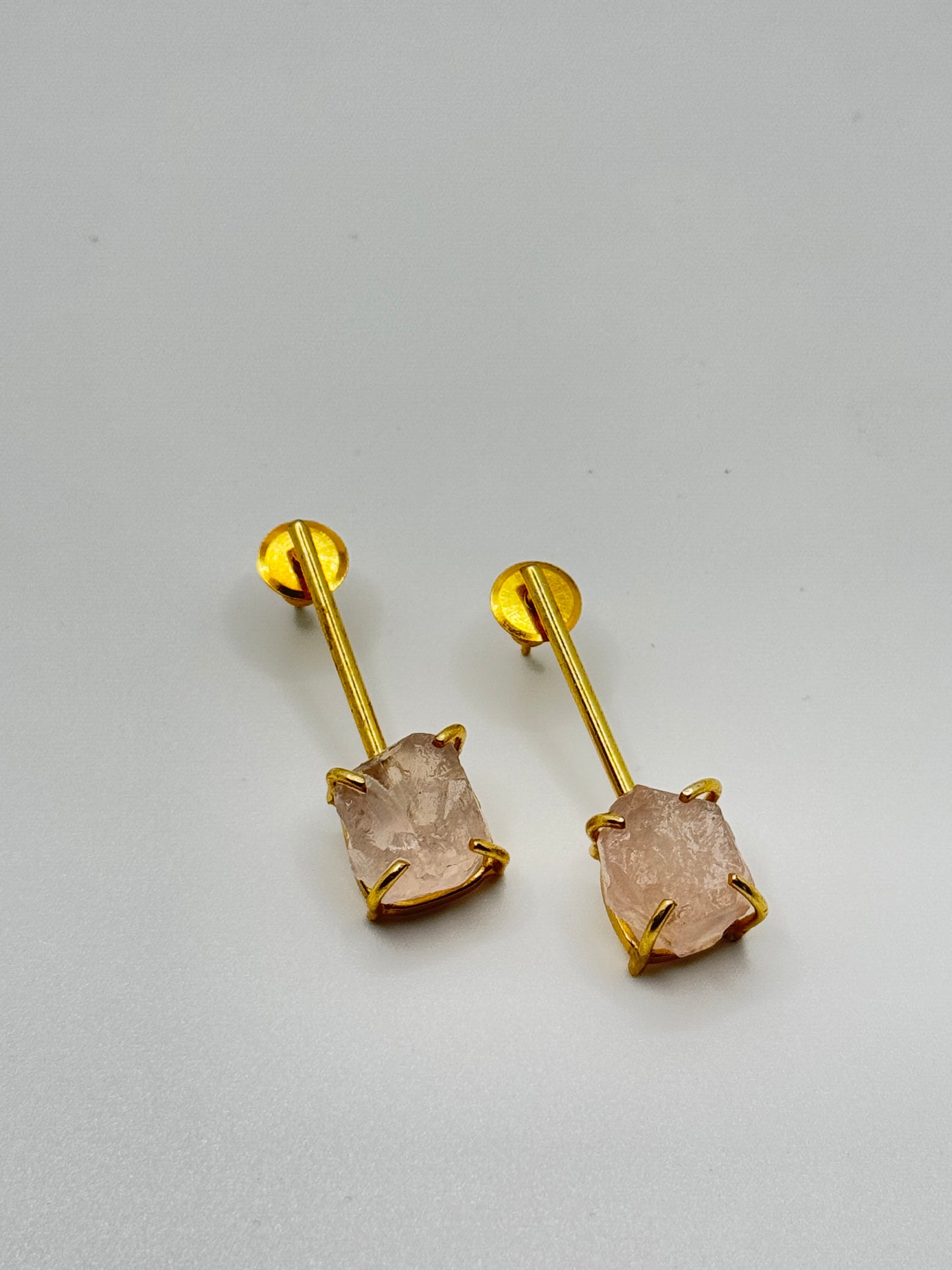 Raw Rose Quartz Stone Gold Drop Earrings