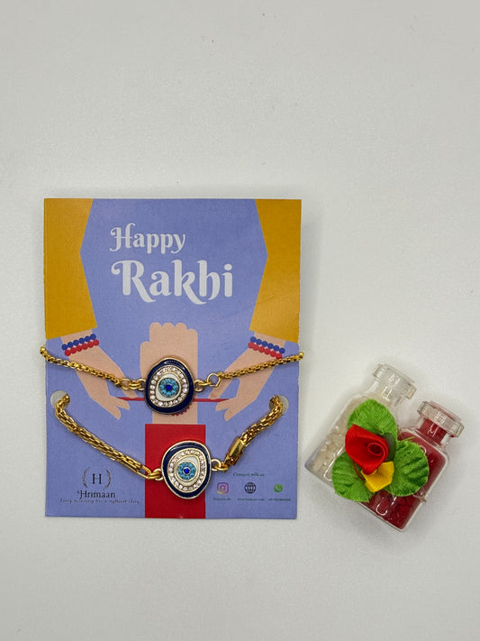 Evil Eye Duo Charm Rakhi for Bhaiya bhabhi  with kumkum and rice– Gold-Toned Protection Set