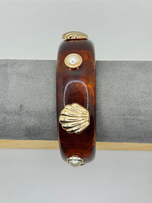Brown Resin Bangle with Gold Shell and Pearl Accents