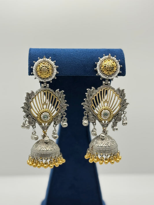 Mint Stone Fan-Design Dual-Tone Jhumkas