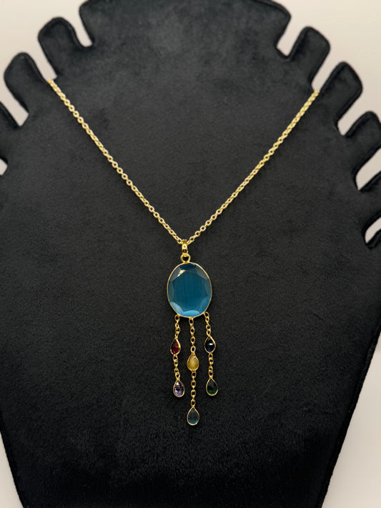 Gold Dreamcatcher-Style Necklace with Blue Chalcedony and Multicolor Gemstone Drops