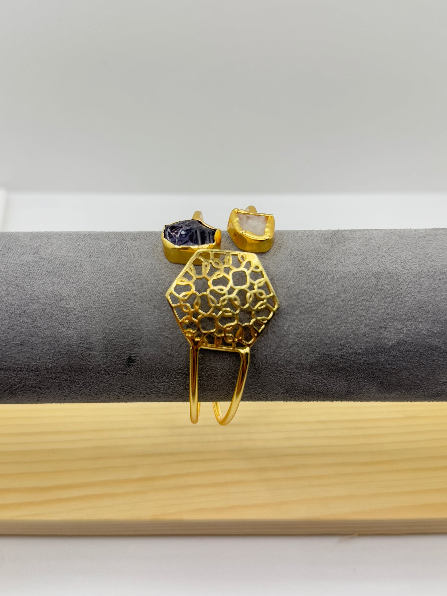 Dual Aura Hex Stone Cuff Bracelet