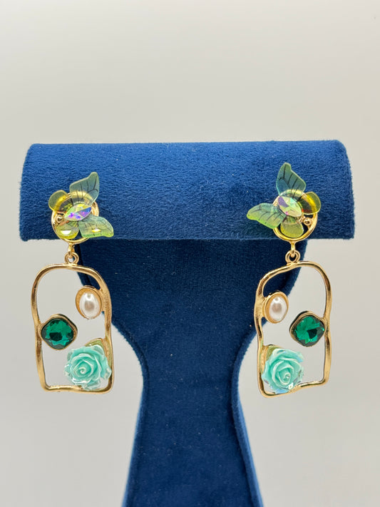 Whimsical Floral Drop Earrings with Butterfly & Rose Details