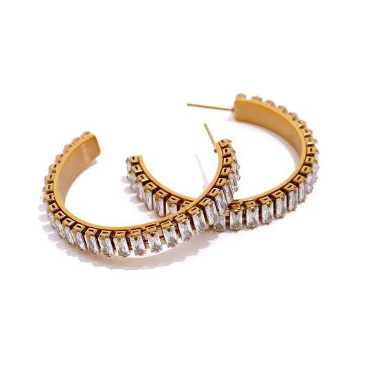Baguette loop earring in zircon studs stainless steel