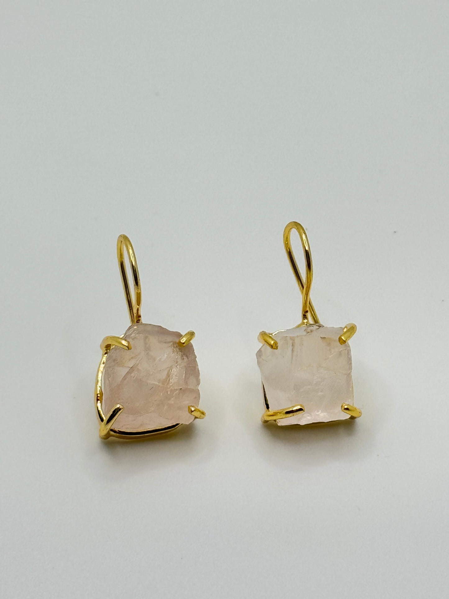 Gold Hook Earrings with Raw Rose Quartz Stone