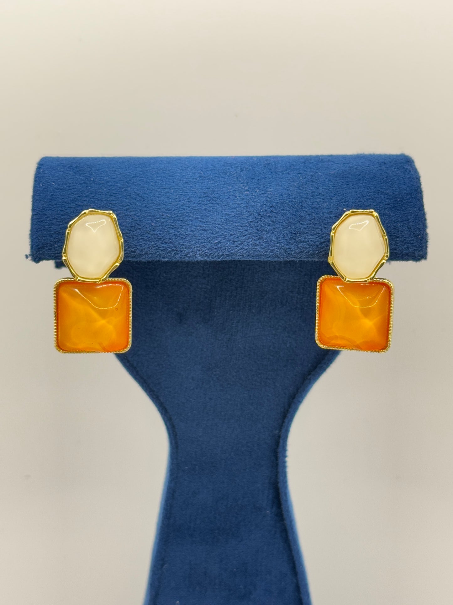 Gold-Toned Dual Stone Drop Earrings - Amber & Ivory