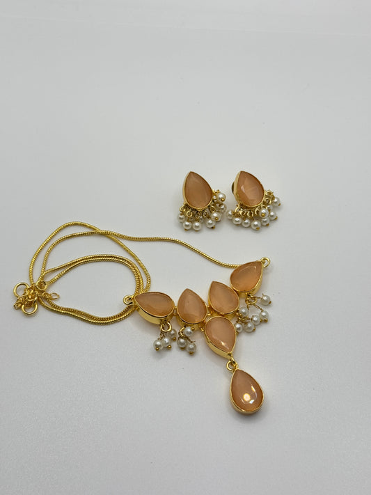 Peach Stone Teardrop Necklace and Earring Set with Pearl Drops