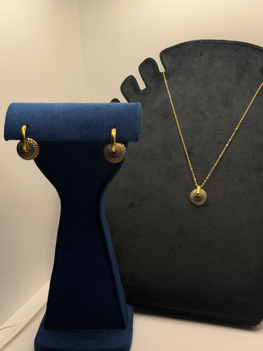 Ornate Gold Medallion Pendant Necklace and Matching Hoop Earrings Set