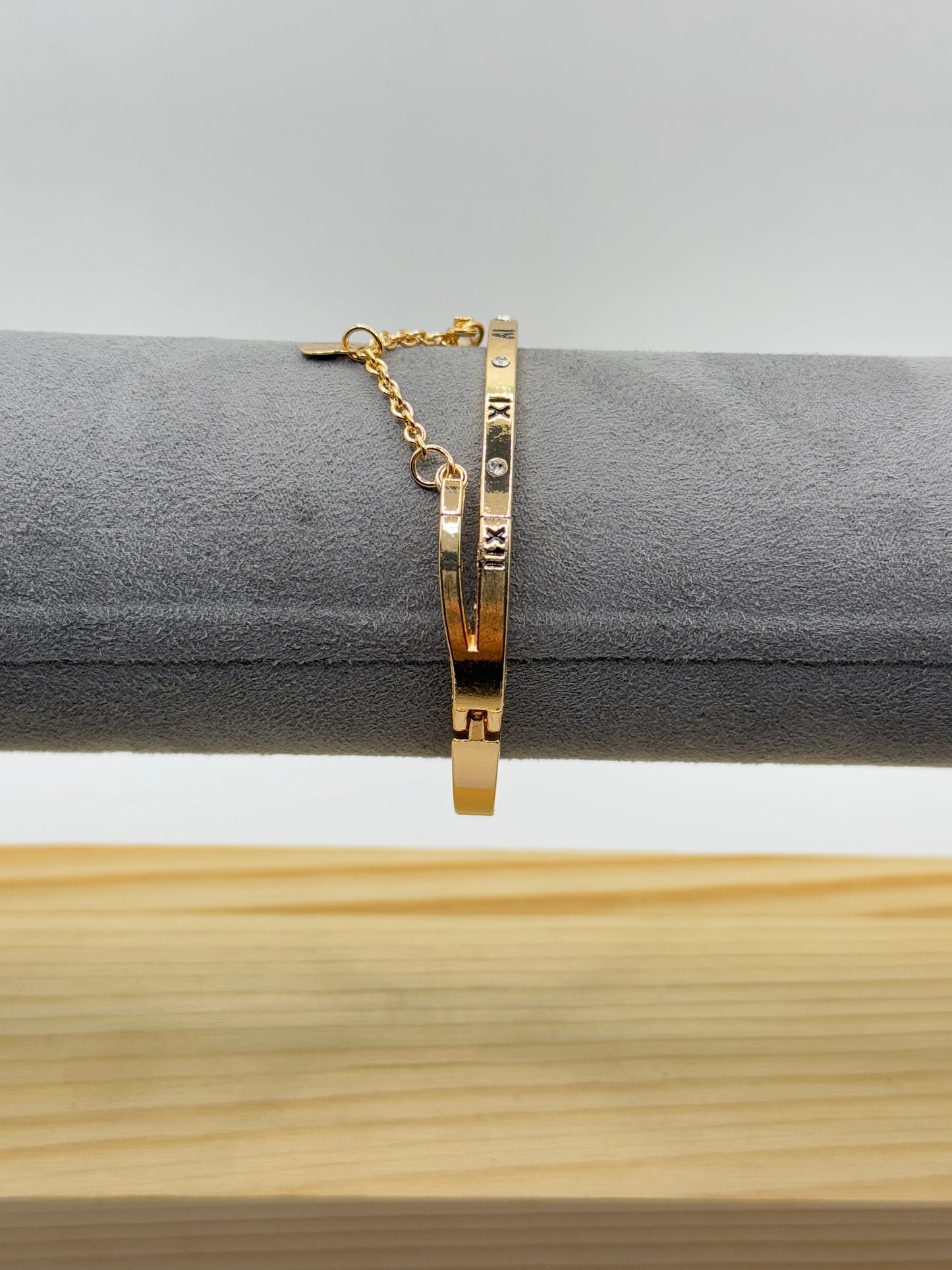 Gold Tone Roman Numeral Bangle Bracelet with Heart Charm