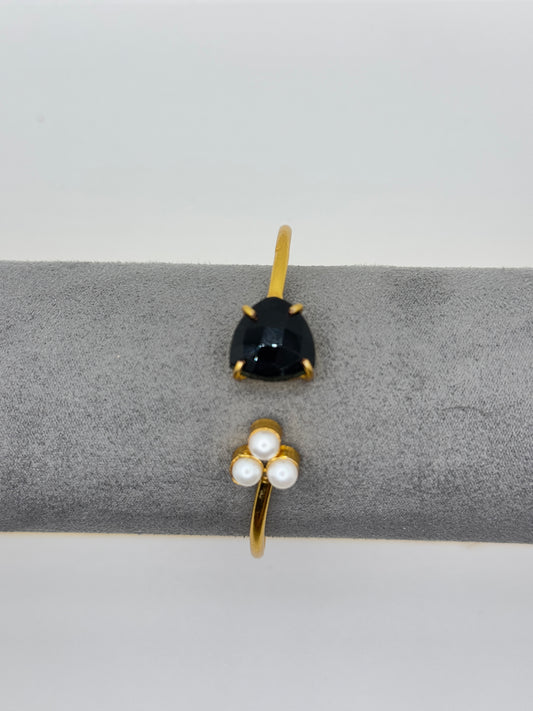 Open Gold Bangle with Black Teardrop Stone and Pearls