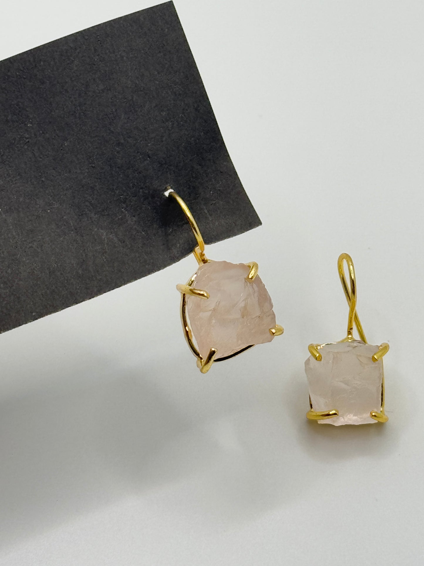 Gold Hook Earrings with Raw Rose Quartz Stone
