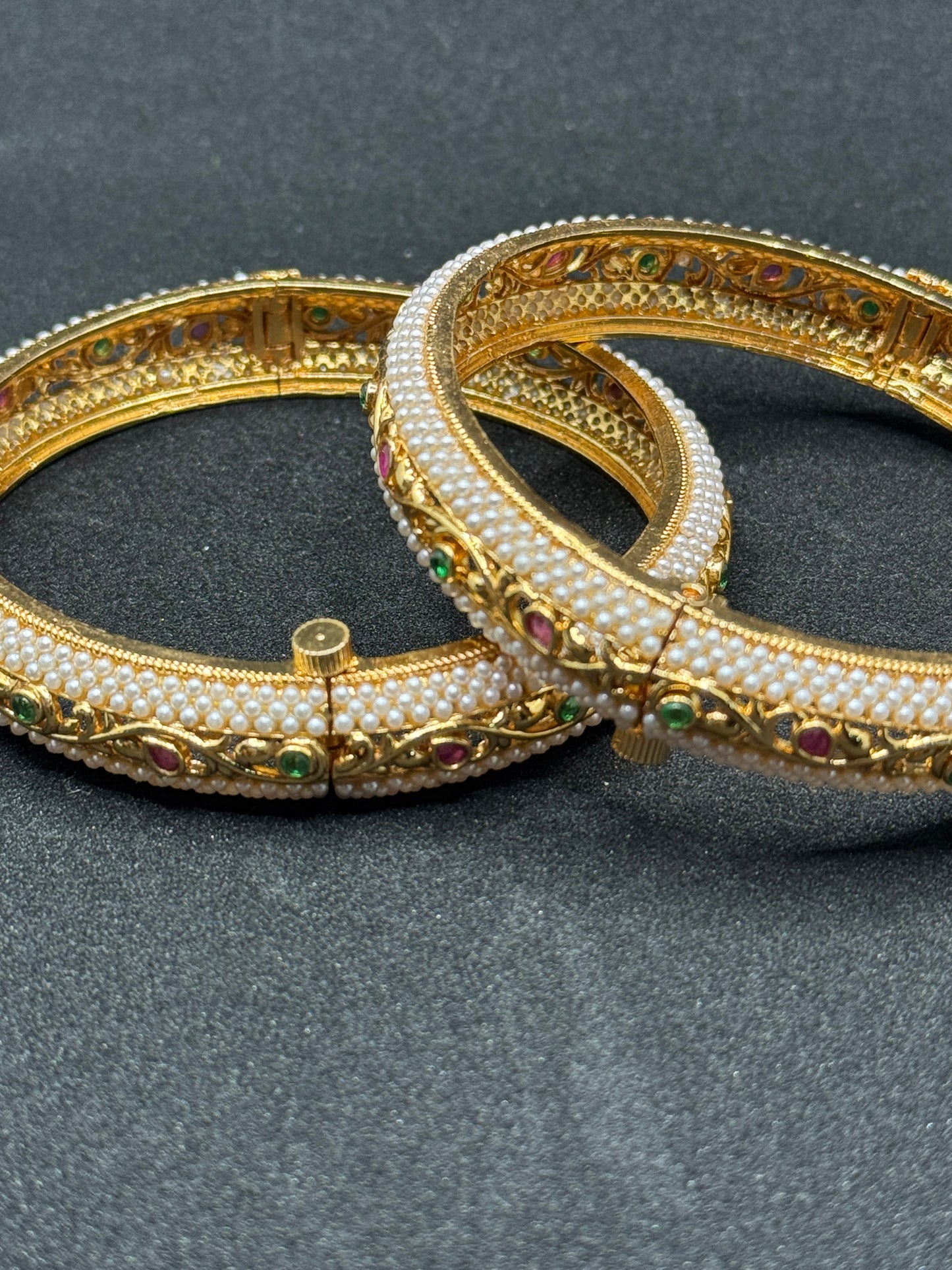 Gold-Plated Pearl and Stone Embellished Bangle Set 2*8