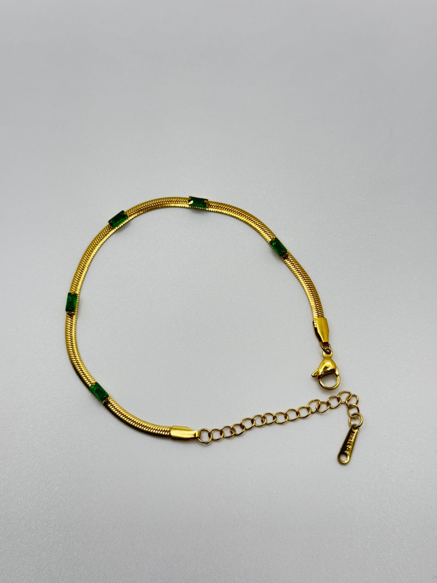 Gold Tone Snake Chain Bracelet with Green Bar Inlays