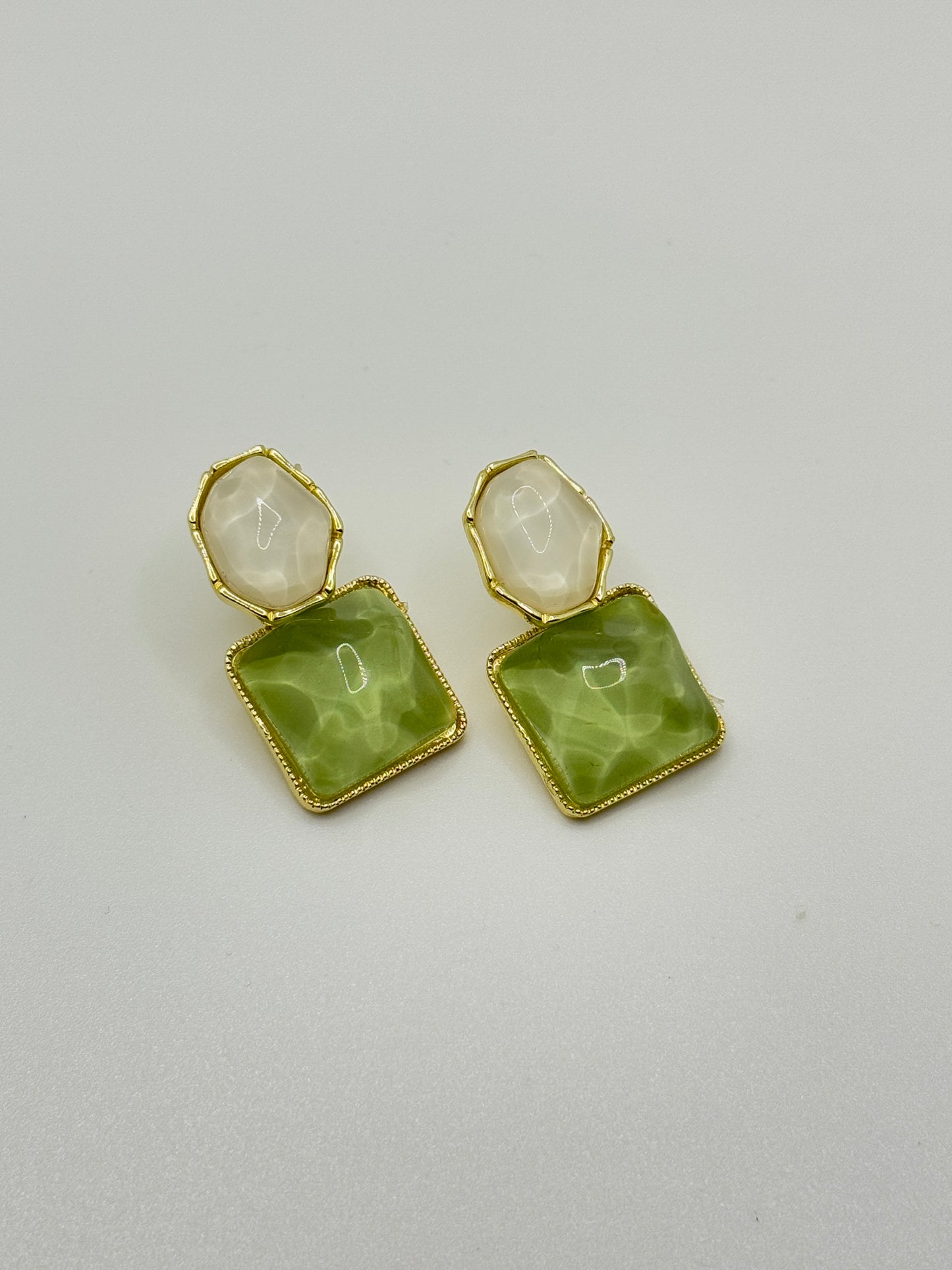 Gold-Toned Dual Stone Drop Earrings - Mint Green & Ivory