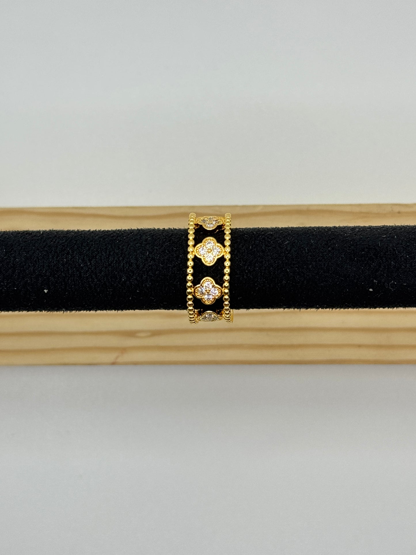 Gold Clover Motif Ring with Pave Crystals