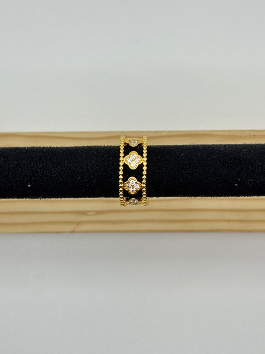 Gold Clover Motif Ring with Pave Crystals