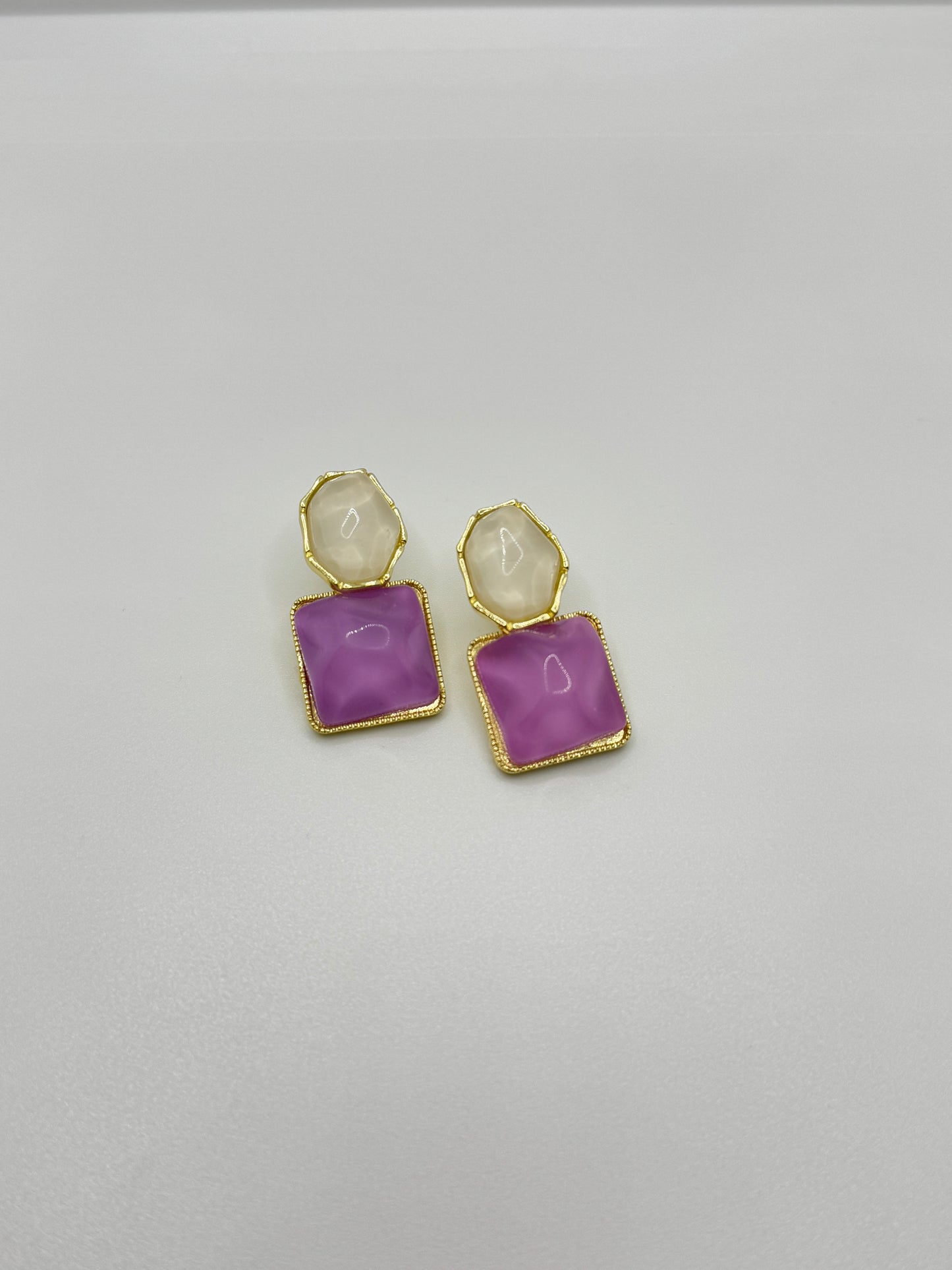 Gold-Toned Dual Stone Drop Earrings - Lavender & Ivory