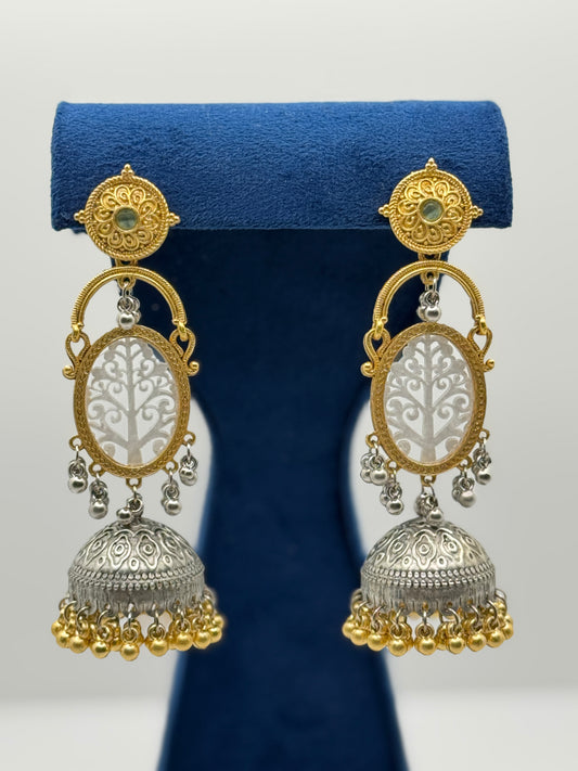 Light Green Stone Dual-Tone Tree Jhumkas
