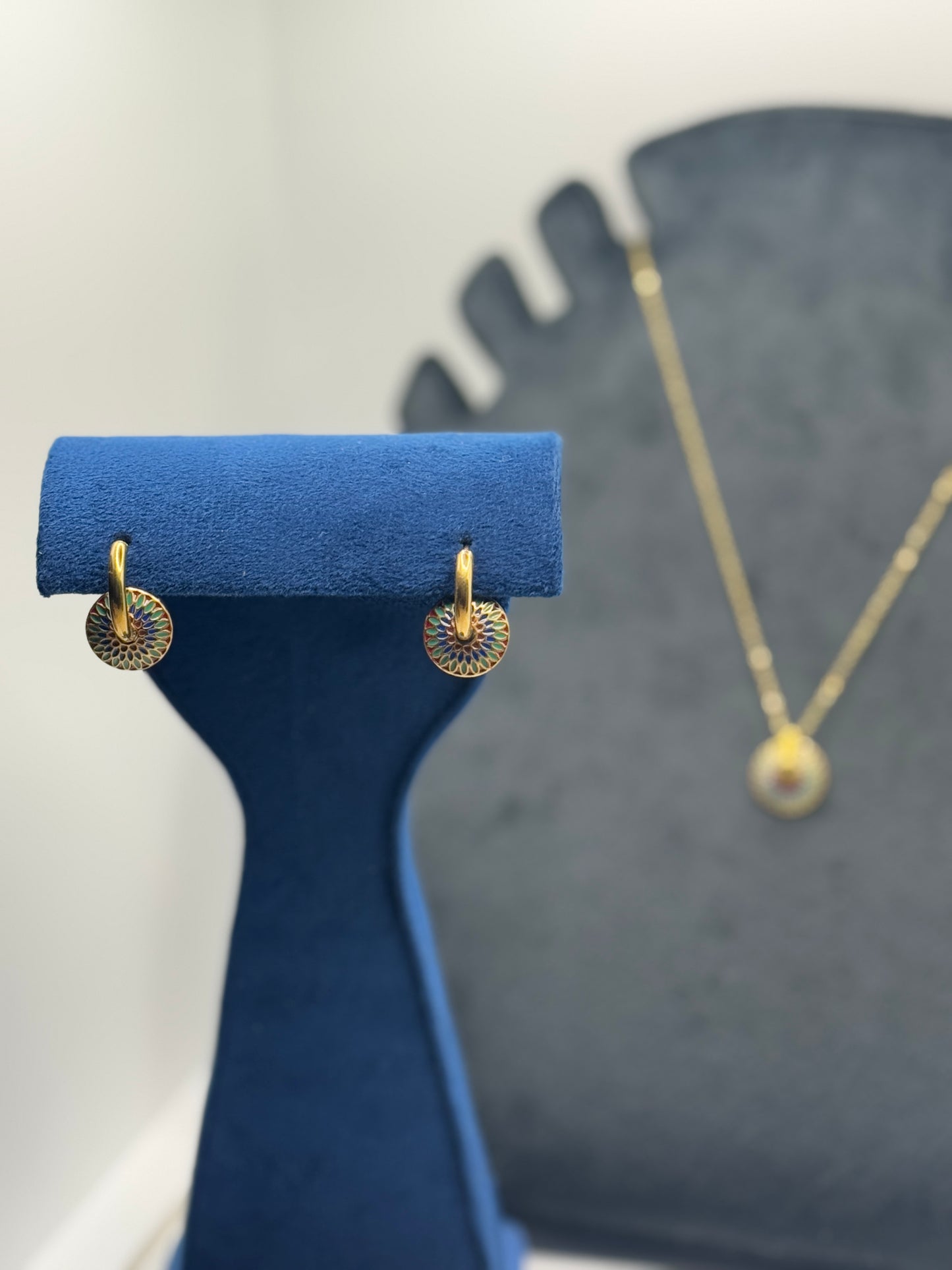 Ornate Gold Medallion Pendant Necklace and Matching Hoop Earrings Set