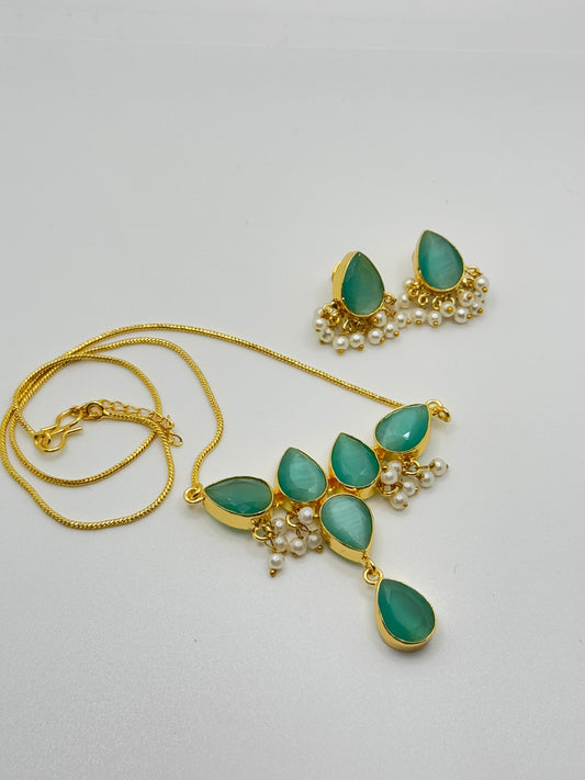Teal Cat's Eye Stone Teardrop Necklace and Earring Set