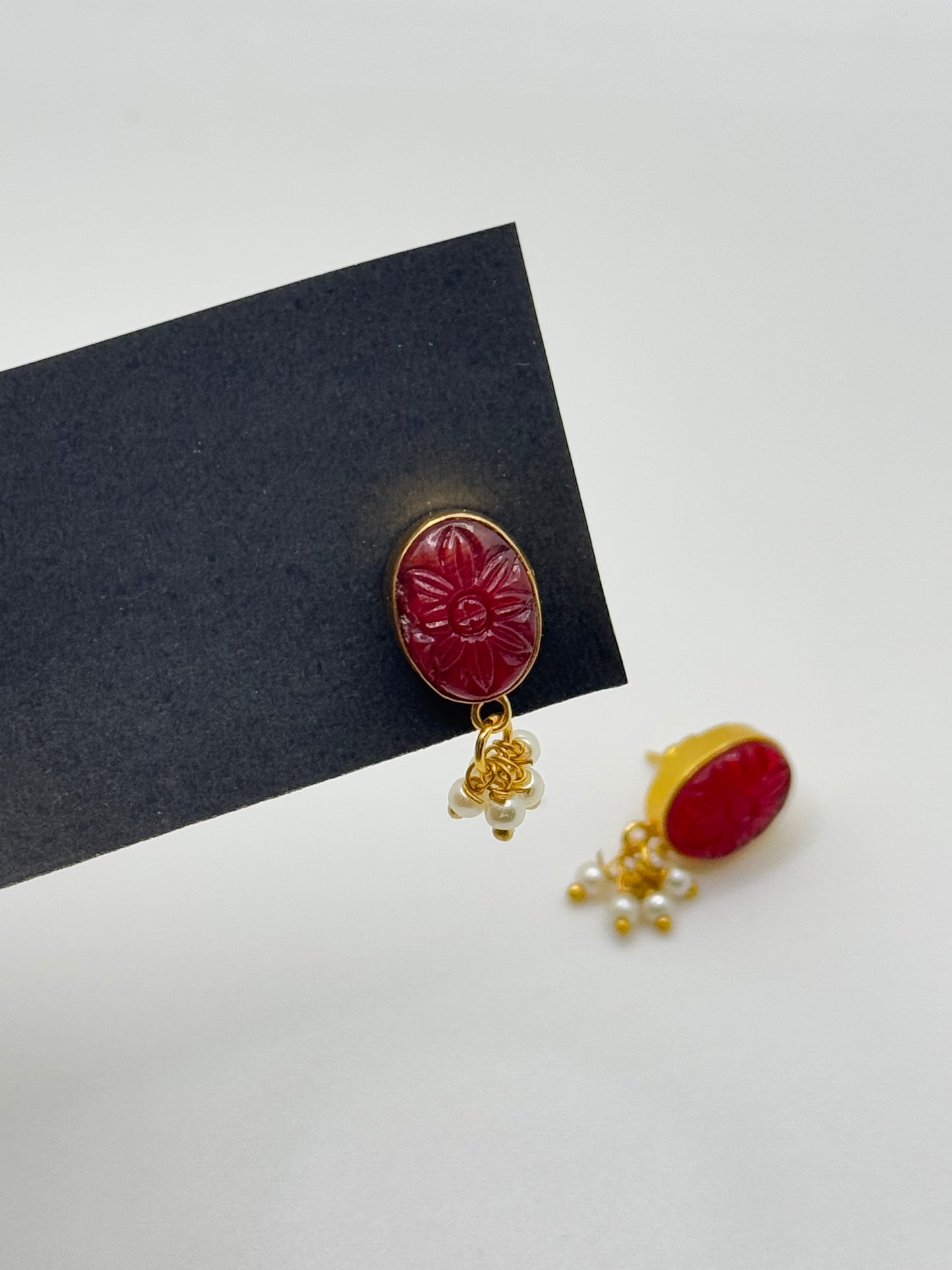 Gold Carved Red Gemstone Drop Earrings with Pearls