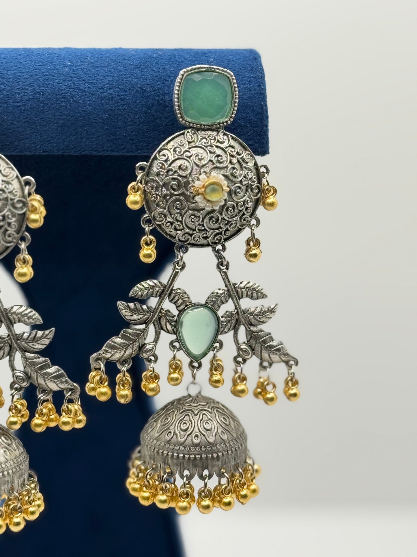 Light Green Stone Oxidised Leaf Motif Jhumkas