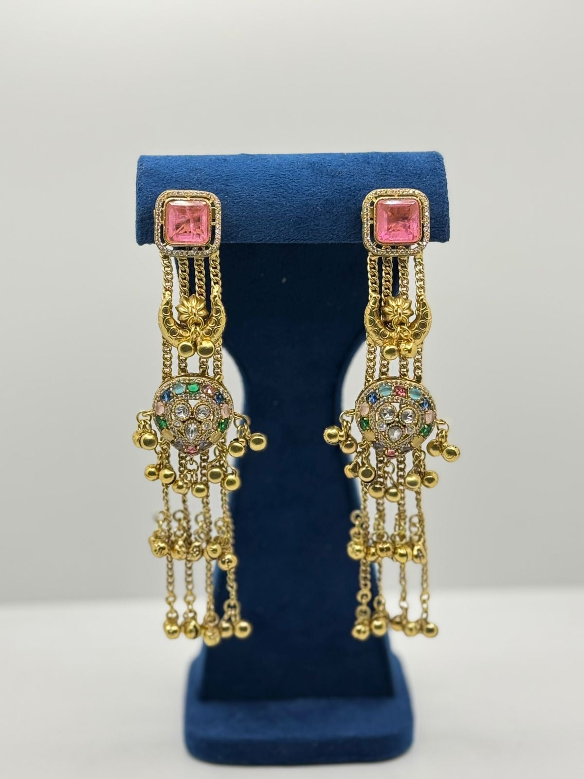 Intricately Designed Traditional Jhumkas with pink stone