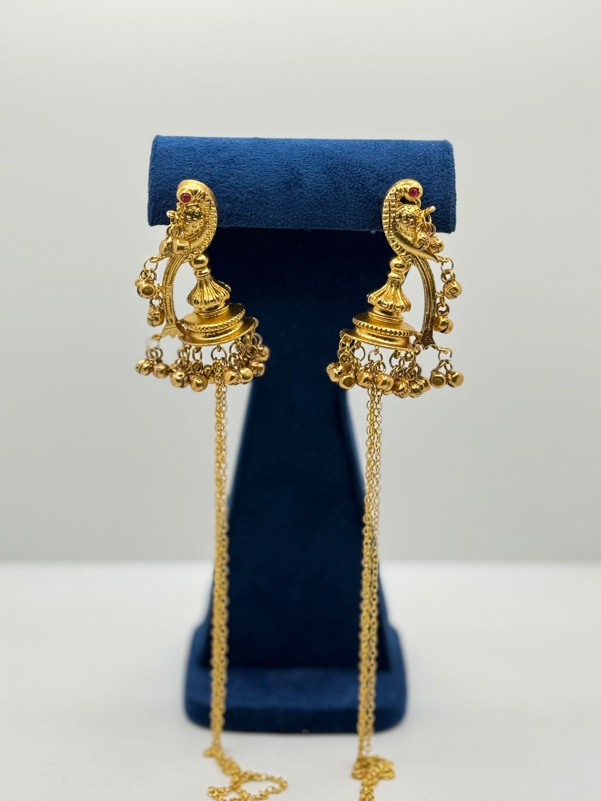 Gold Plated Peacock Design Jhumka Earrings with Attached Chains