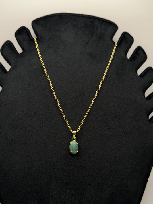 Gold Chain Necklace with Oval Teal Stone Pendant