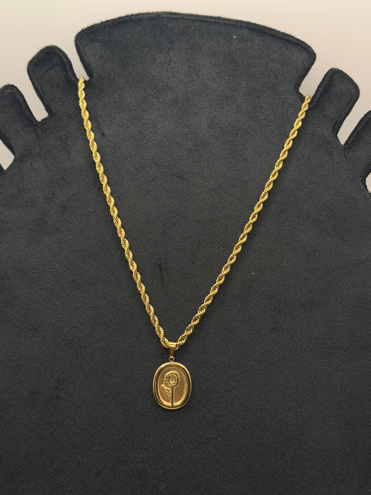 Gold Rope Chain Necklace with Floral Medallion Pendant