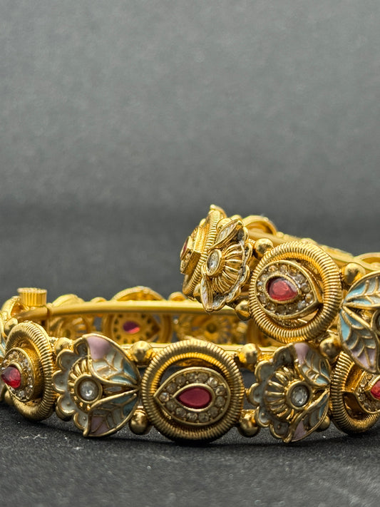 Ornate Gold Bangles with Red Stone Accents 2*8
