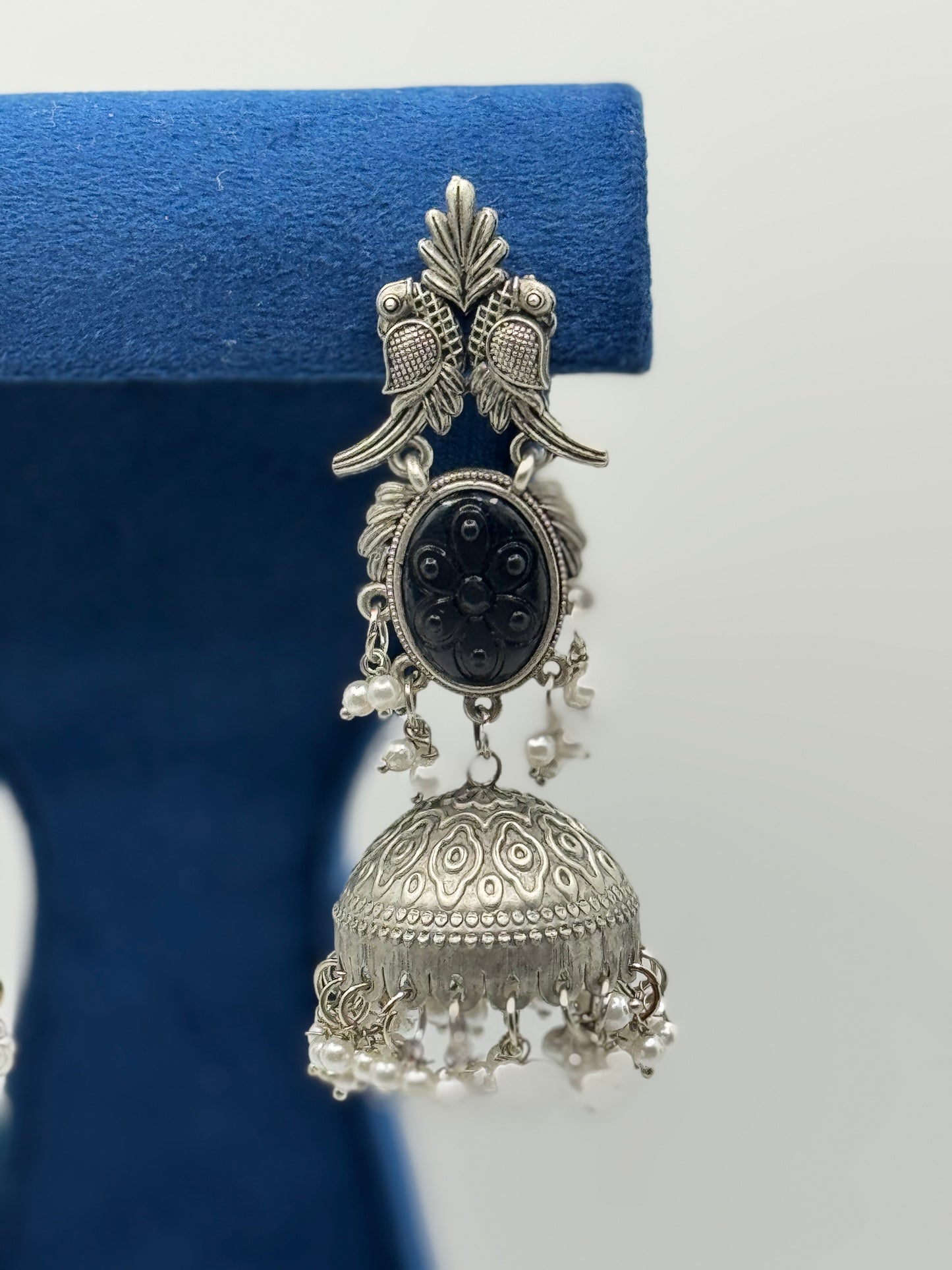 Black Carved Stone Peacock Jhumkas