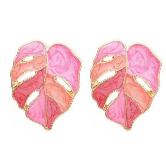 Pink Monstera Leaf Earrings