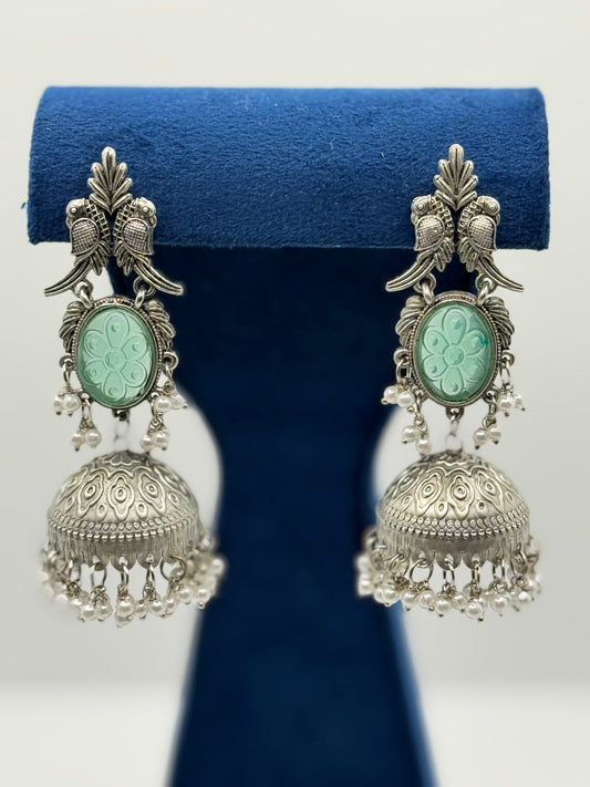 Green Carved Stone Peacock Jhumkas
