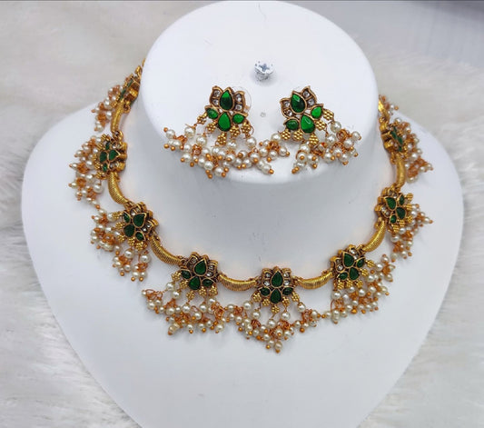 Regal Bloom: Gold-Plated Green Stone & Pearl Lotus Choker Set