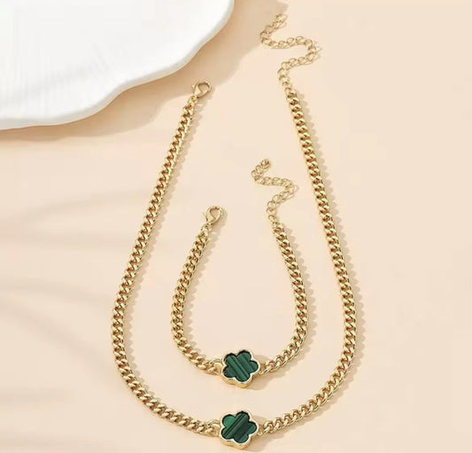 Elegant Gold-Plated Clover Jewelry Set - Necklace & Bracelet -Green