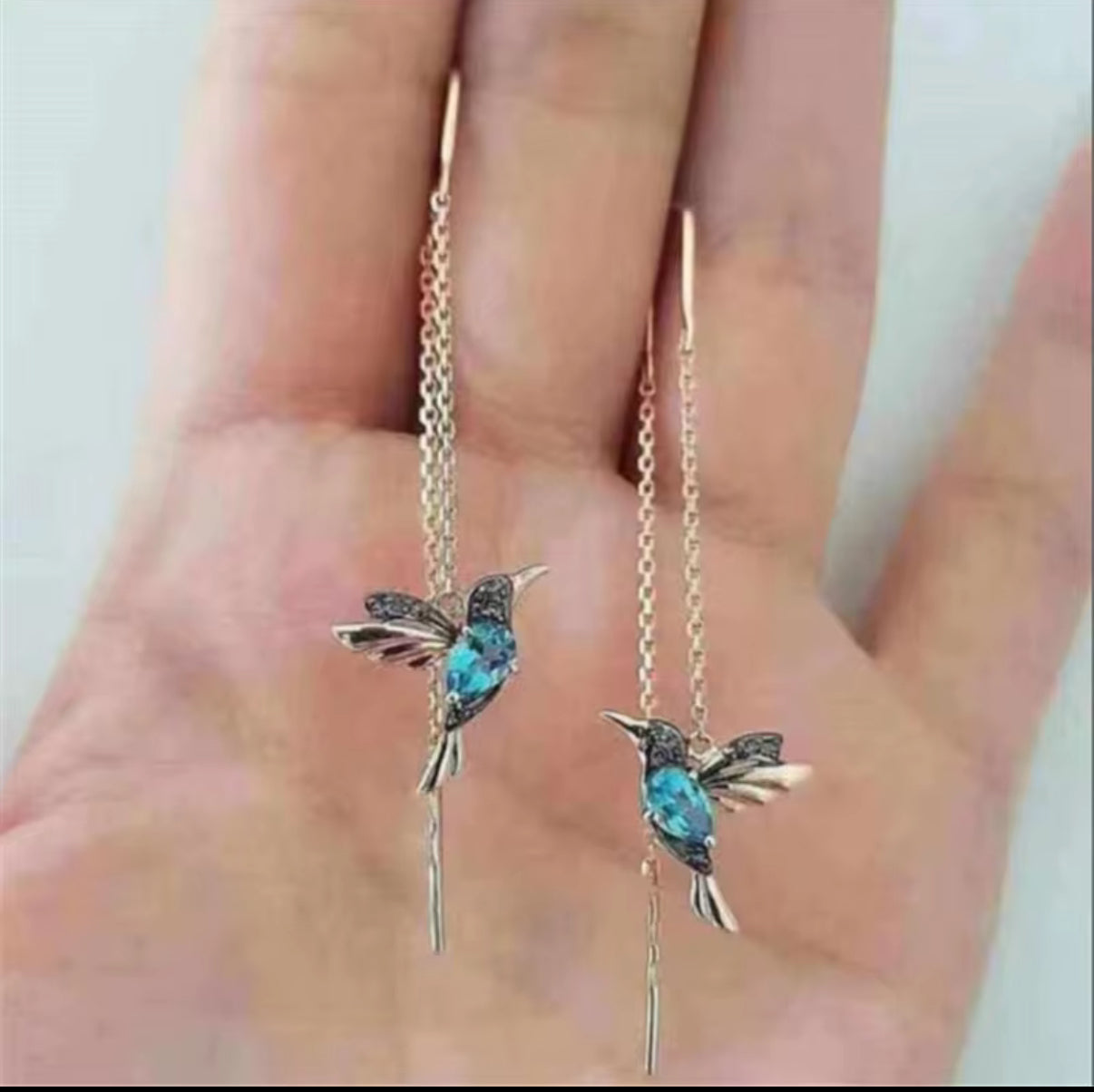 Graceful Aqua Blue & Dark Accent Hummingbird Threader Earrings