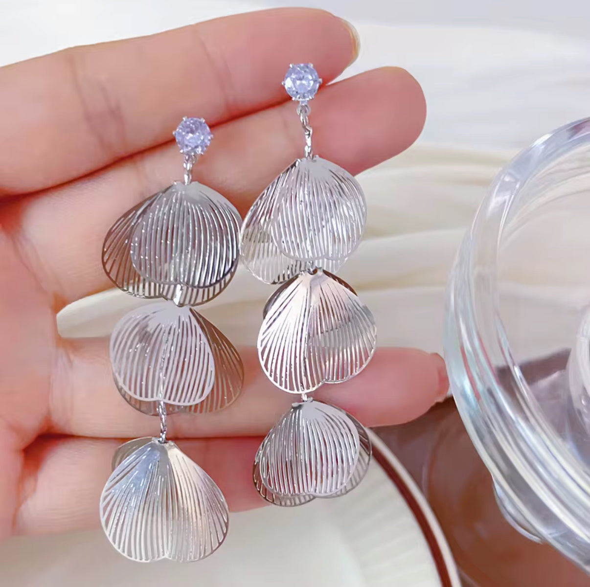 Elegant Layered Clamshell Drop Silver Earrings with Zircon Accent