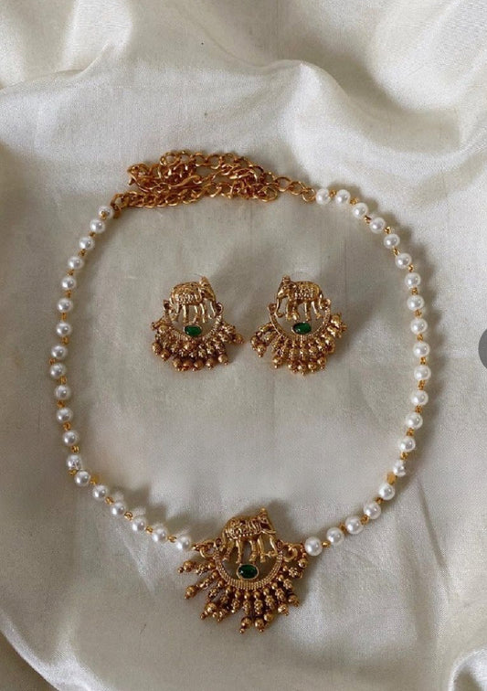 Gold-Plated Elephant & Pearl Choker Necklace Set