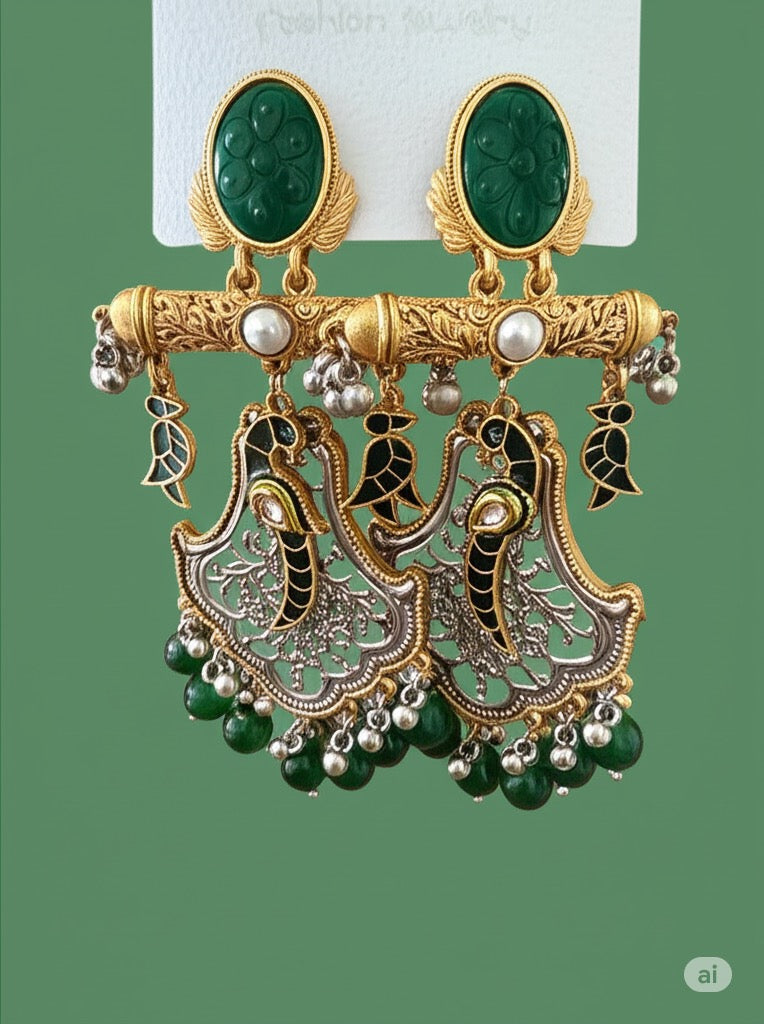Mode Mania Traditional Green Color Enameled Kundan and Pearl Studded Jhumka Earrings