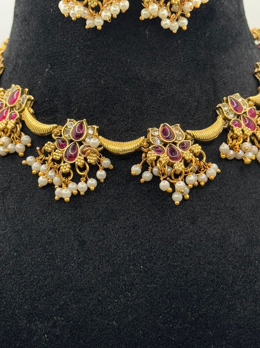 Regal bloom : Necklace lotus design pink with pearl work